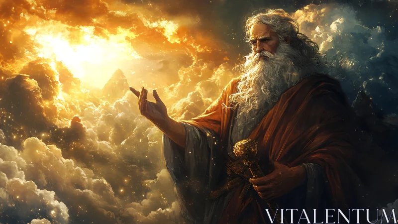 Elderly robed figure commands glowing sky over clouds.