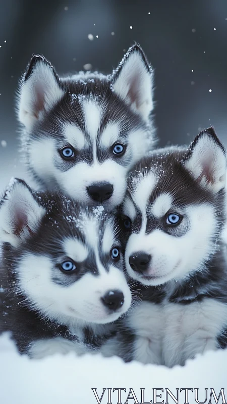 Three husky puppies in snow with close grouped pose.