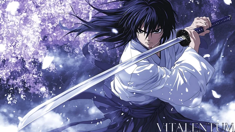 Swordsman holds drawn katana before violet floral backdrop