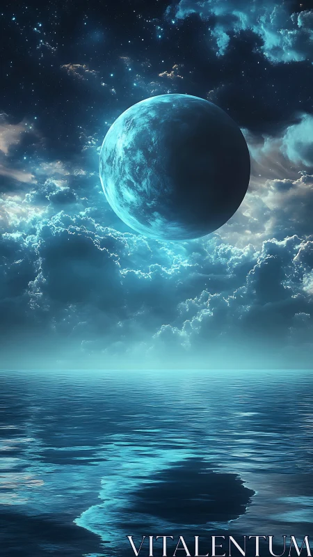 Moonlit ocean world under glowing cosmic night sky.