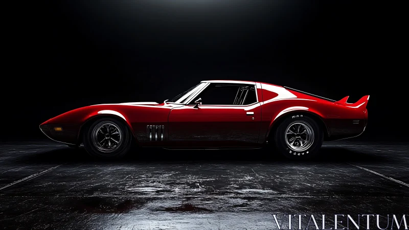 Low-lit studio profile celebrates sleek red classic muscle car.