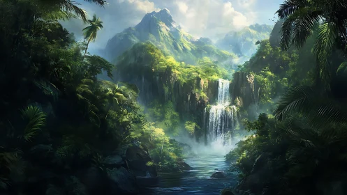 Digital rendering depicts dense rainforest valley with waterfalls