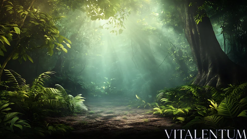 Volumetric light scattering through dense tropical canopy creates atmospheric depth perception