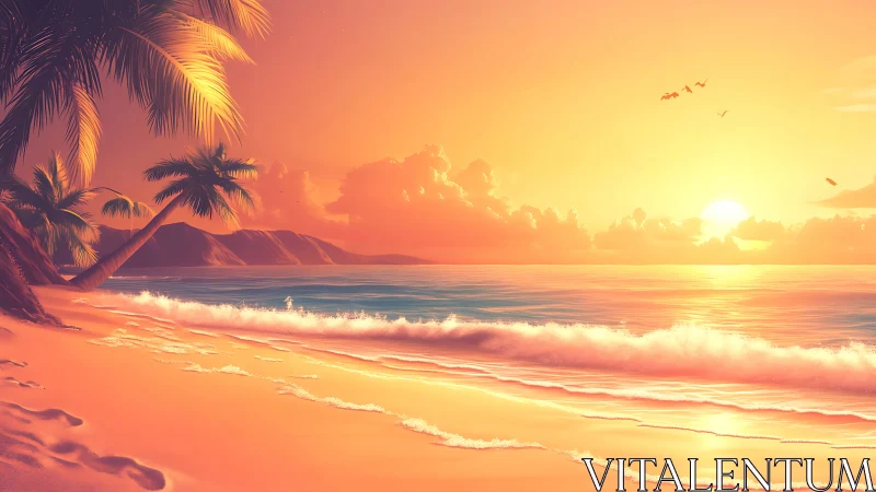 Tropical sunset beach with glowing waves and palms.
