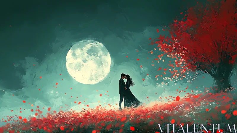 Moonlit Romance Blooms Beneath Crimson Skies.