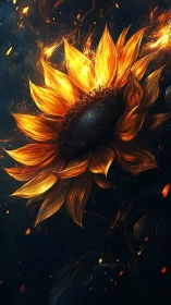 Luminous sunflower rendered as molten flame against dark void