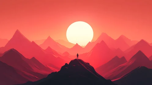 Solitary dreamer atop ember mountains at colossal sunrise.