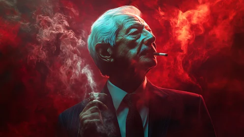 Elderly man smokes in dramatic red and teal haze of power