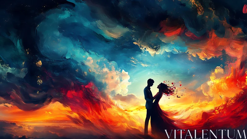 Silhouetted Lovers Embracing Against Dynamic Fiery Sunset Cloudscape Composition