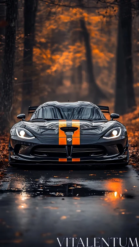 Aerodynamic track coupe aligned on reflective autumn roadway.