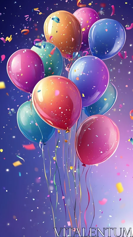 Vibrant Balloons Floating Through Confetti-Filled Purple Space.