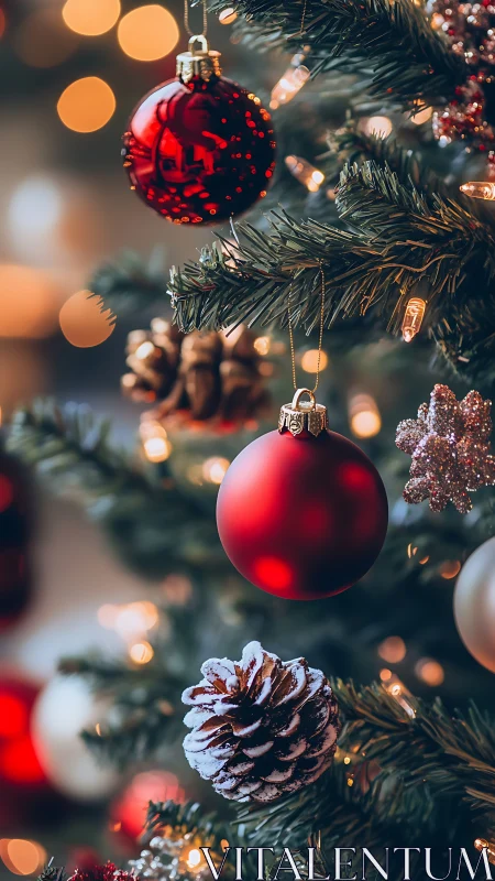 Red Christmas baubles glow among pine and frosted cones.