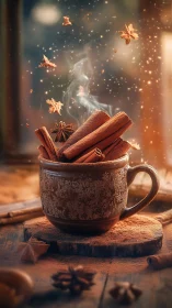 Warm spiced cinnamon mug with floating autumn stars.