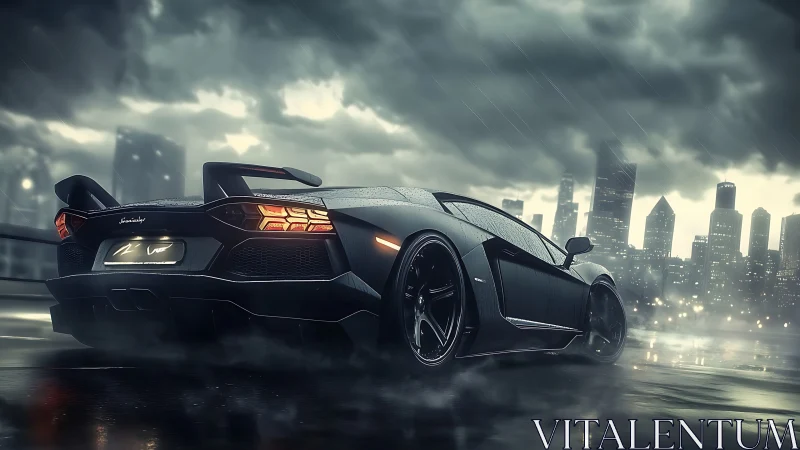 Black supercar cuts through wet city rooftop under storm