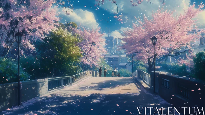 Cherry blossoms frame a sunlit bridge above a distant city.