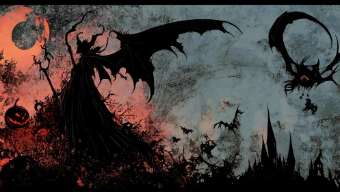 Silhouetted winged figure over gothic landscape at dusk.