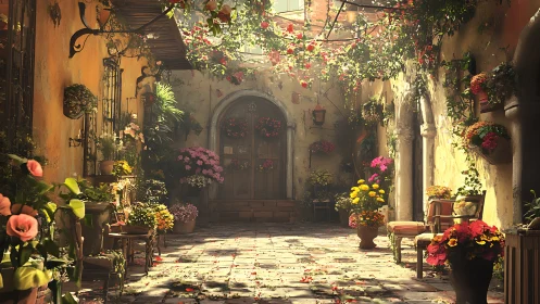 Mediterranean courtyard with potted flowers and arched doorway.
