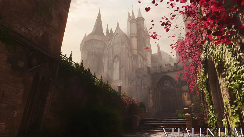 Gothic stone castle courtyard under warm cinematic dusk light.