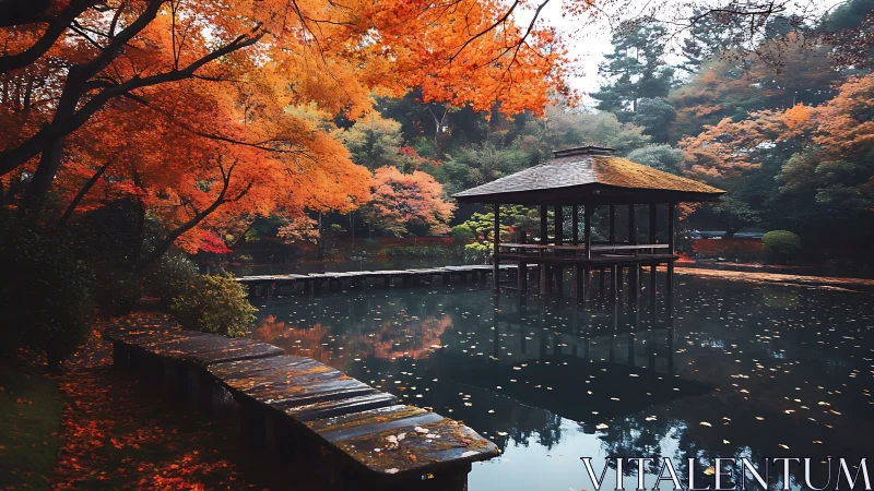 Autumn Japanese garden pond with timber pavilion and stone path