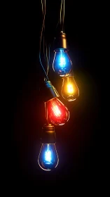 Neon chorus of hanging lightbulbs in electric midnight glow.