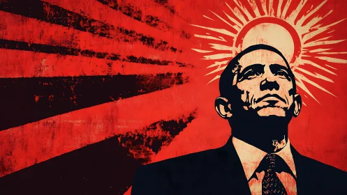 Graphic portrait with radiating sunburst and distressed red field.