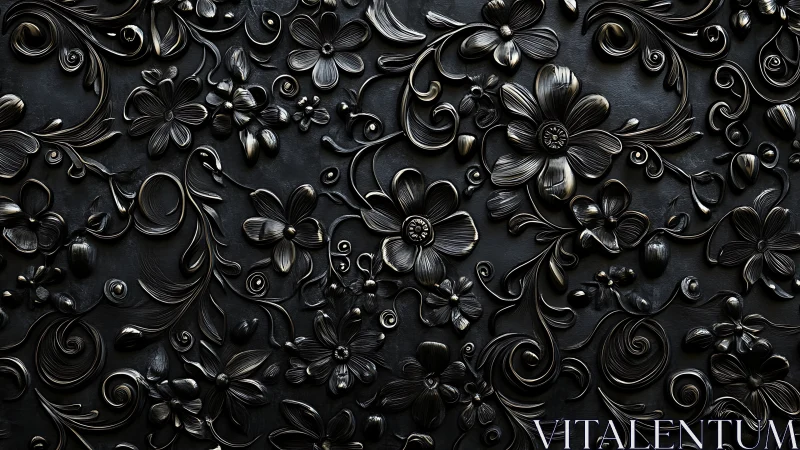 Ornate Floral Relief Pattern Dark Metallic Surface.