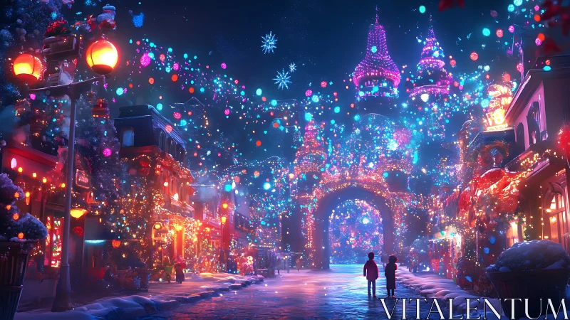 Nighttime city street with dense festive lighting display.