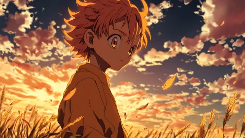 Sunlit anime boy stands in golden wheat beneath burning sky