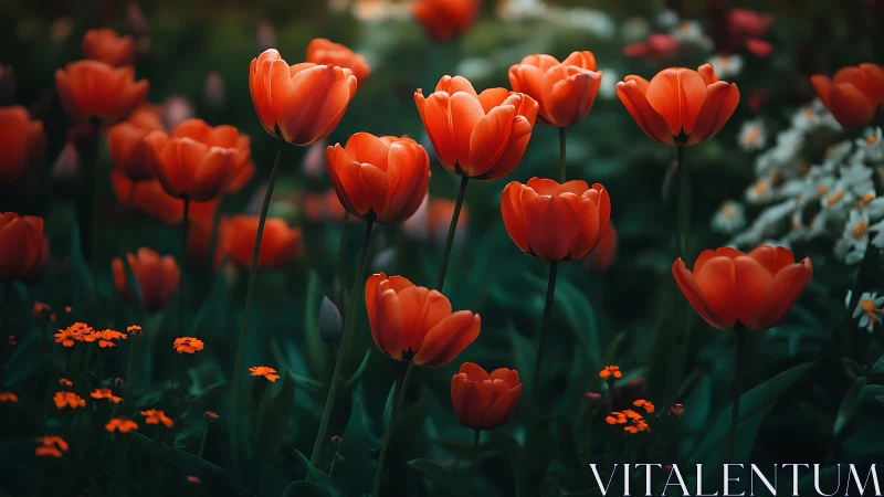 Red tulips stand in clustered groups within a dim garden