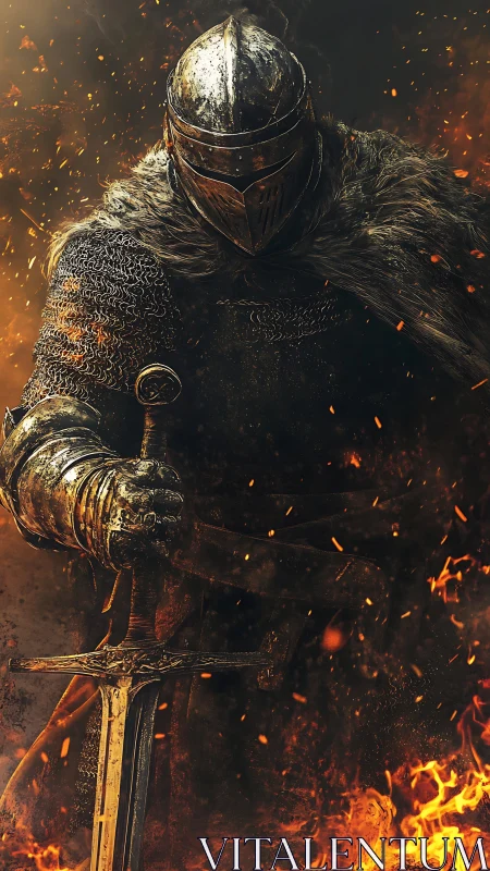 Armored knight in ember‑lit forgefire with battle‑scarred blade.
