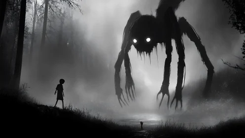 Silhouetted child facing multi-limbed creature in misty forest.