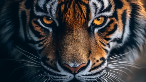 Tiger portrait with intense amber eyes and sculpted fur detail.