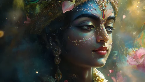 Iridescent blue deity portrait with jeweled headdress and petals