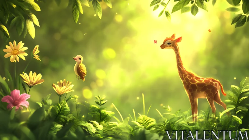 Digital painting of baby giraffe and bird in glowing forest meadow.