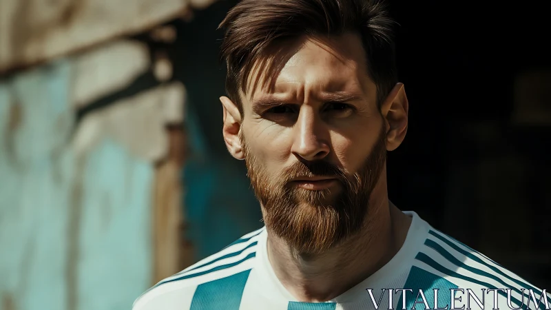 Close-up portrait of bearded footballer in striped jersey outdoors