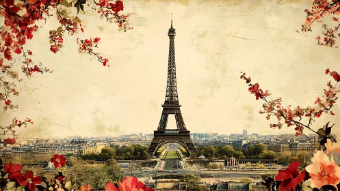 Central Eiffel Tower skyline framed by floral vintage texture