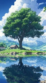 Solitary lakeside tree mirrors in still mountain water