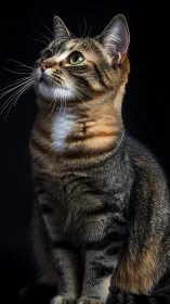 Tabby Cat Portrait with Green Eyes Against Black
