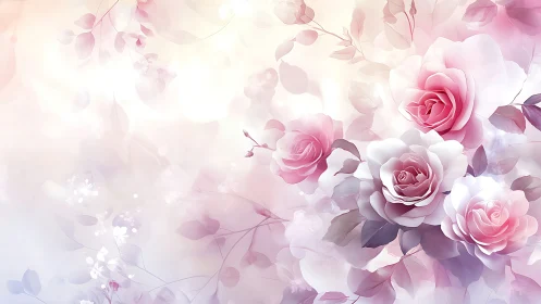 Pink and white roses with layered petals and foliage composition.