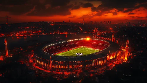 Glowing football stadium under a fiery sunset sky.