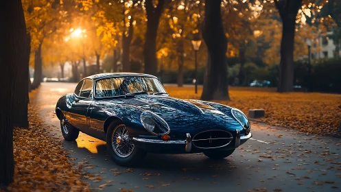 Vintage blue coupe in sunlit autumn park with leaf-strewn road