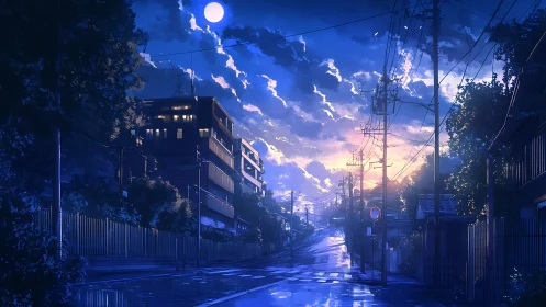 Anime nocturne streetscape with luminous twilight sky layering.