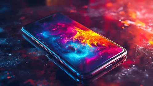 Edge-lit smartphone on wet surface with nebula display glow