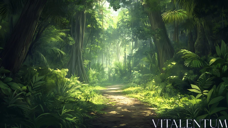 Dense tropical forest path with tall palms and dappled sunlight