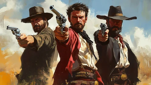 Three armed cowboys aiming revolvers in tense standoff.