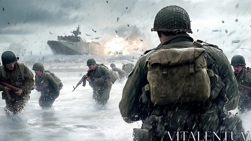 Storm-swept soldiers surge ashore beneath burning steel skies