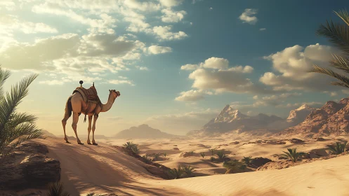Single saddled camel overlooking sunlit desert dunes and buttes