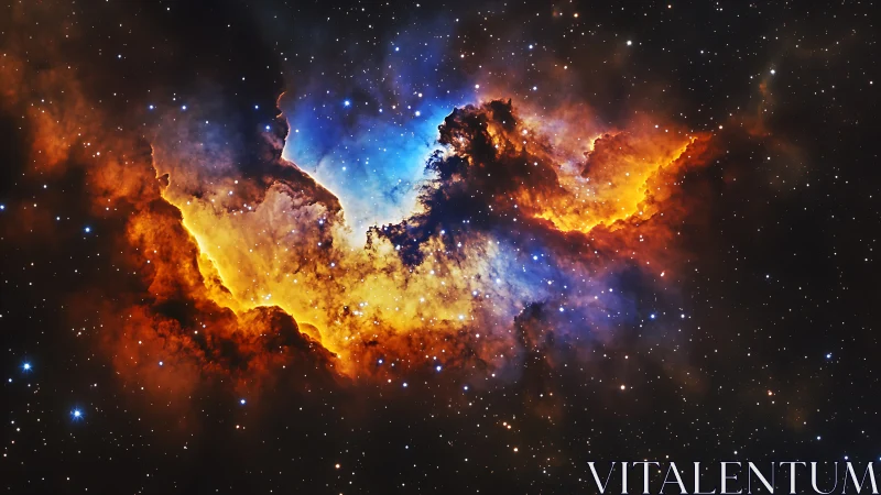 Nebula core glows with fiery orange and cool blue clouds.