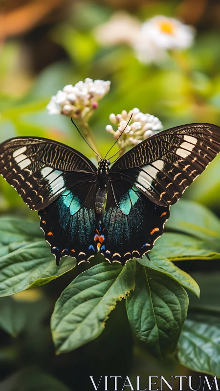 Macro study of iridescent black swallowtail butterfly on foliage