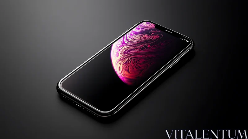 Smartphone with abstract digital display on neutral background.
